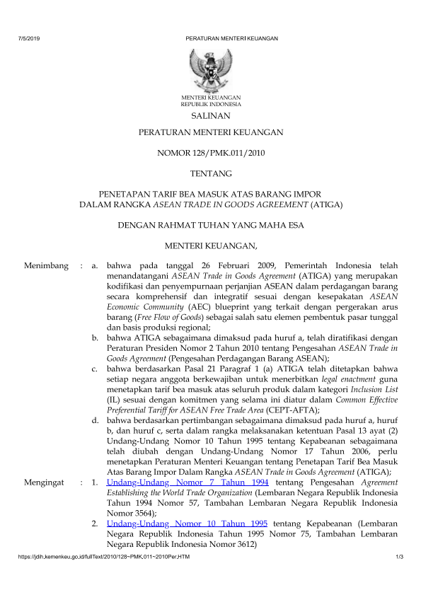 Peraturan Menteri Keuangan Nomor 128/PMK.011/2010
