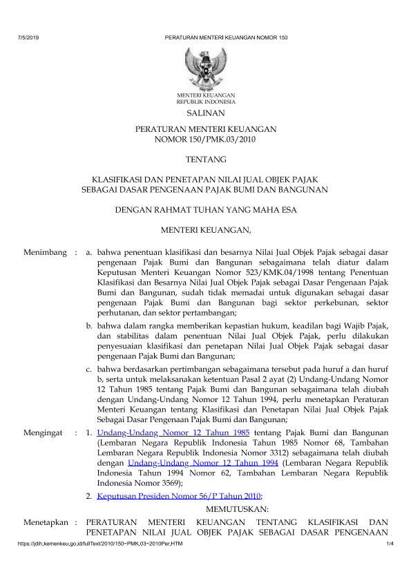 Peraturan Menteri Keuangan Nomor 150/PMK.03/2010