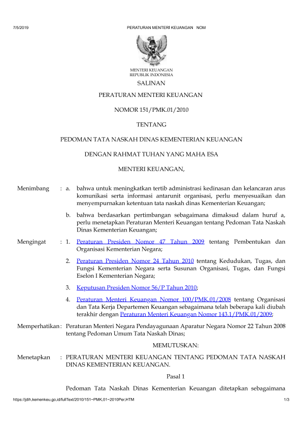 Peraturan Menteri Keuangan Nomor 151/PMK.01/2010