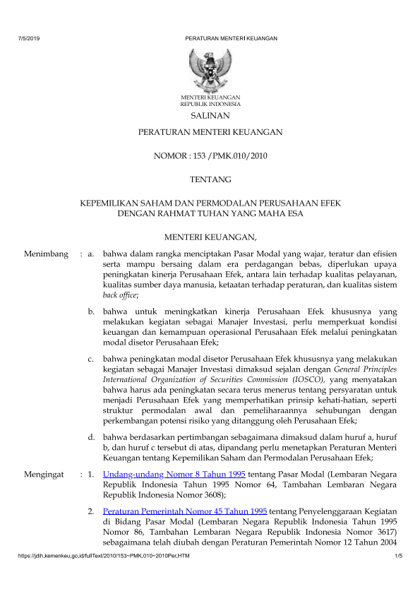 Peraturan Menteri Keuangan Nomor 153/PMK.010/2010