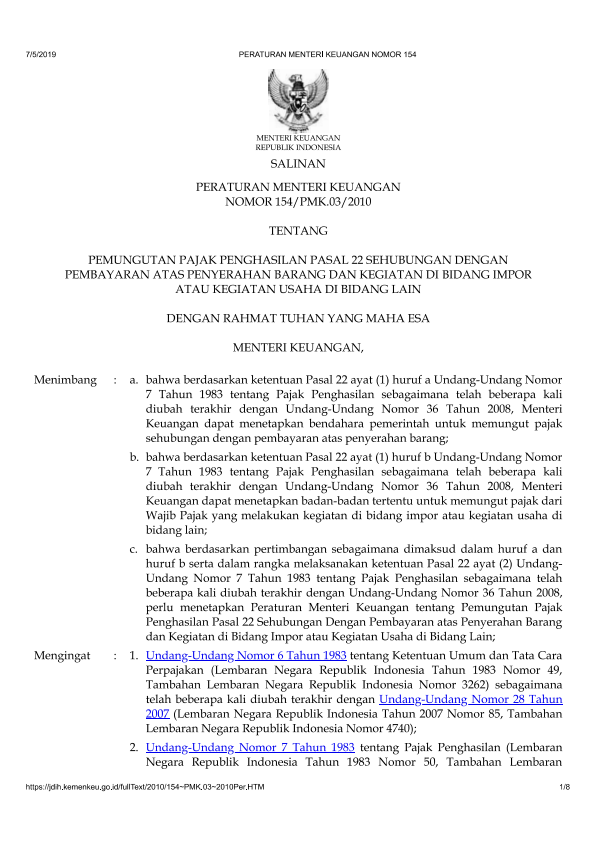 Peraturan Menteri Keuangan Nomor 154/PMK.03/2010