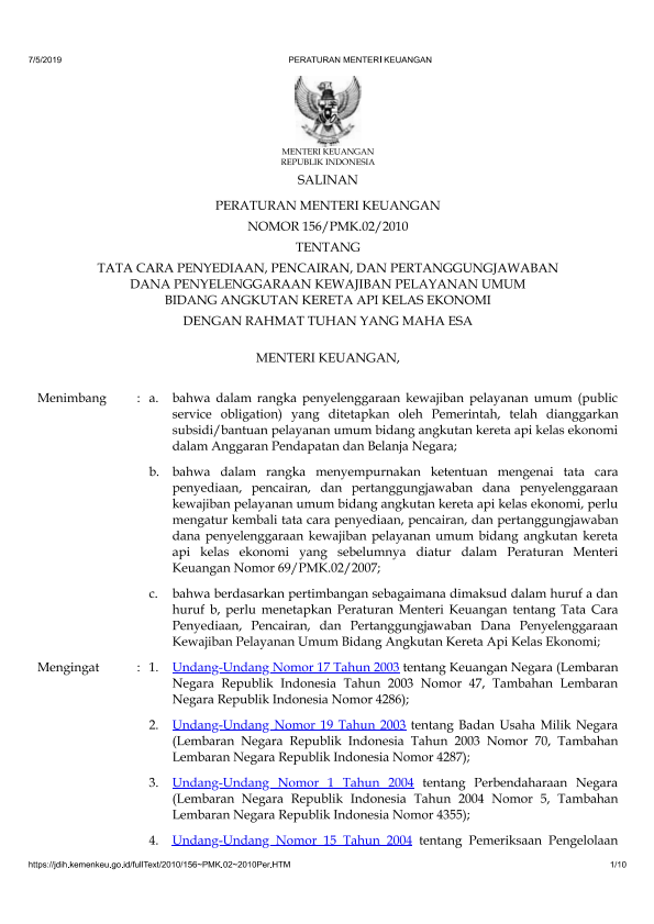 Peraturan Menteri Keuangan Nomor 156/PMK.02/2010
