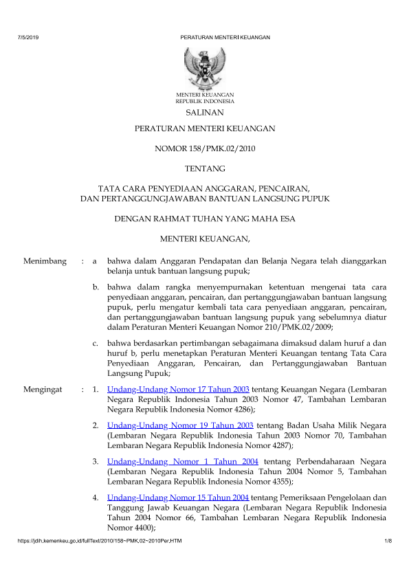 Peraturan Menteri Keuangan Nomor 158/PMK.02/2010