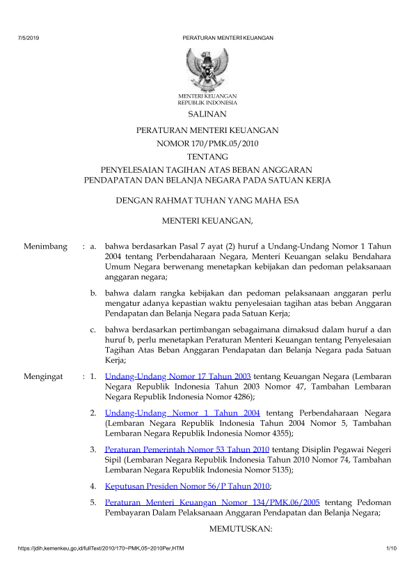 Peraturan Menteri Keuangan Nomor 170/PMK.05/2010
