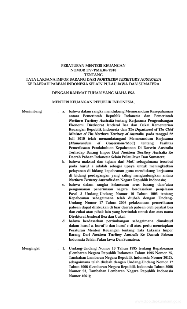 Peraturan Menteri Keuangan Nomor 177/PMK.04/2010