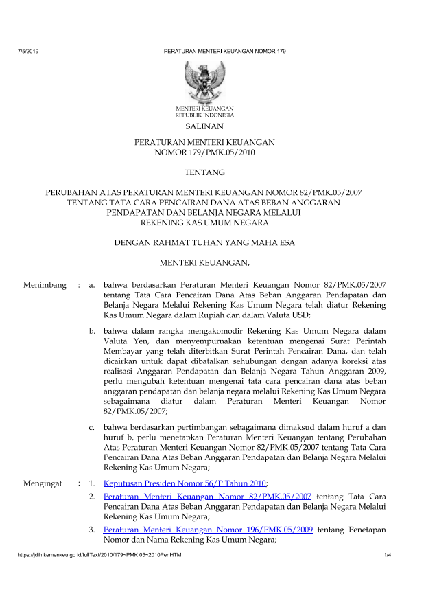 Peraturan Menteri Keuangan Nomor 179/PMK.05/2010