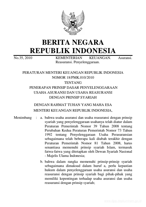 Peraturan Menteri Keuangan Nomor 18/PMK.010/2010