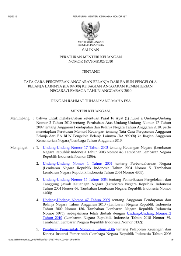 Peraturan Menteri Keuangan Nomor 187/PMK.02/2010