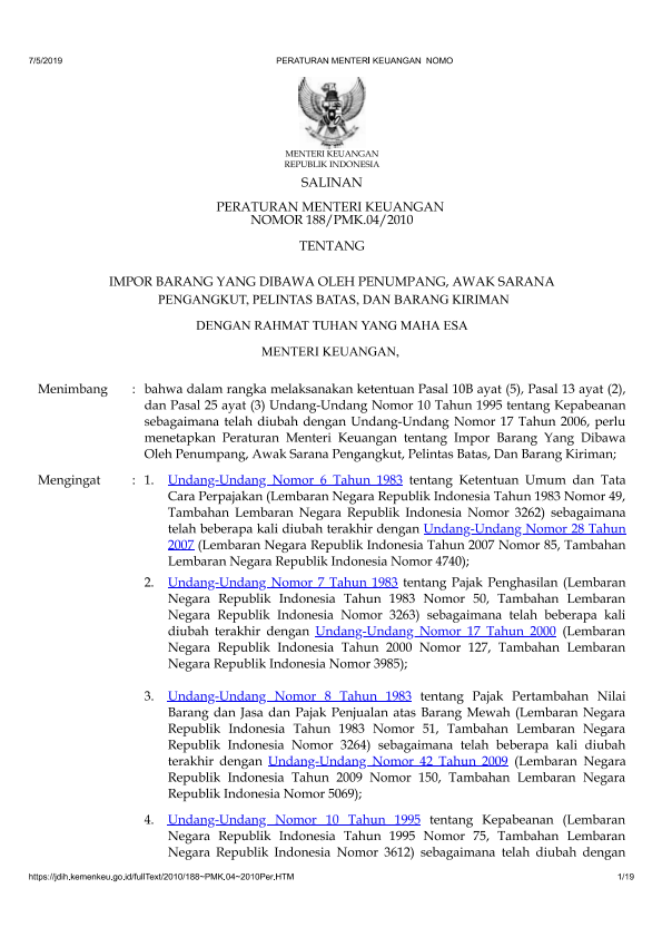 Peraturan Menteri Keuangan Nomor 188/PMK.04/2010
