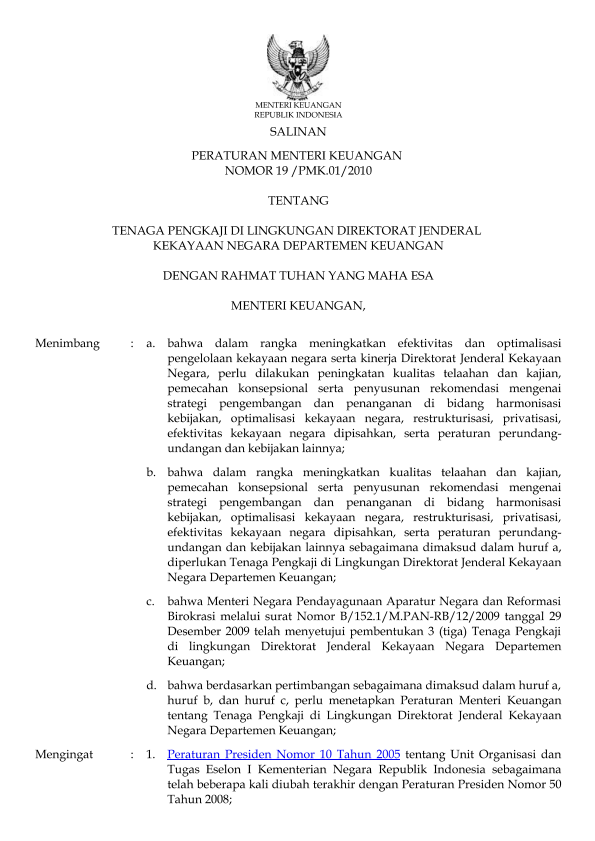 Peraturan Menteri Keuangan Nomor 19/PMK.01/2010