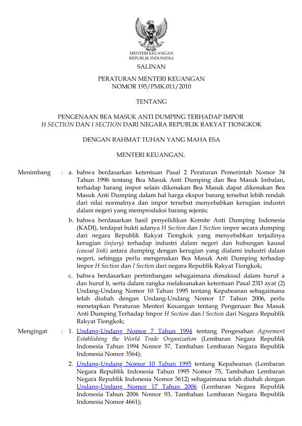 Peraturan Menteri Keuangan Nomor 195/PMK.011/2010