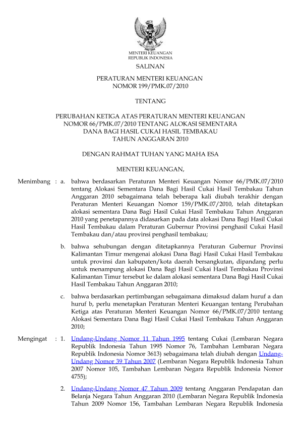Peraturan Menteri Keuangan Nomor 199/PMK.07/2010