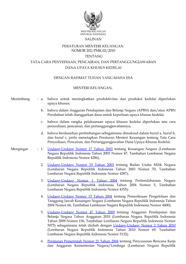 Peraturan Menteri Keuangan Nomor 202/PMK.02/2010
