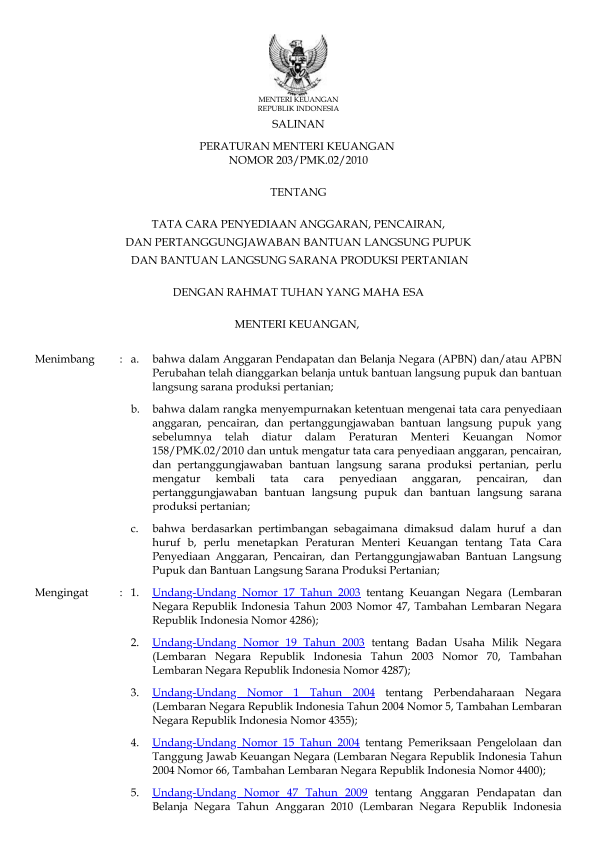 Peraturan Menteri Keuangan Nomor 203/PMK.02/2010