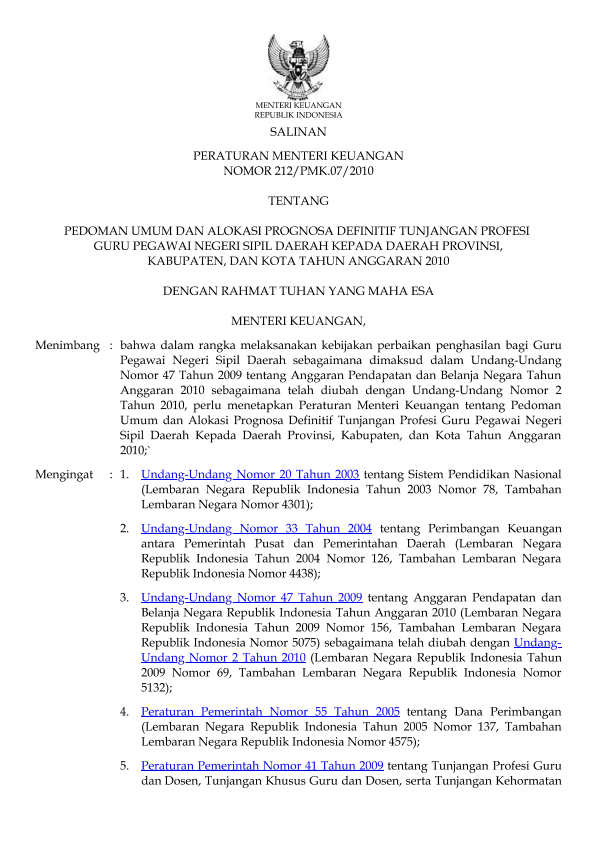 Peraturan Menteri Keuangan Nomor 212/PMK.07/2010