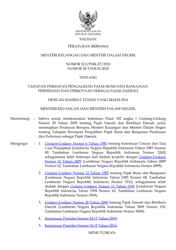 Peraturan Menteri Keuangan Nomor 213/PMK.07/2010