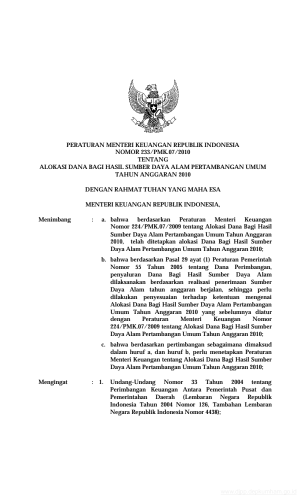 Peraturan Menteri Keuangan Nomor 233/PMK.07/2010