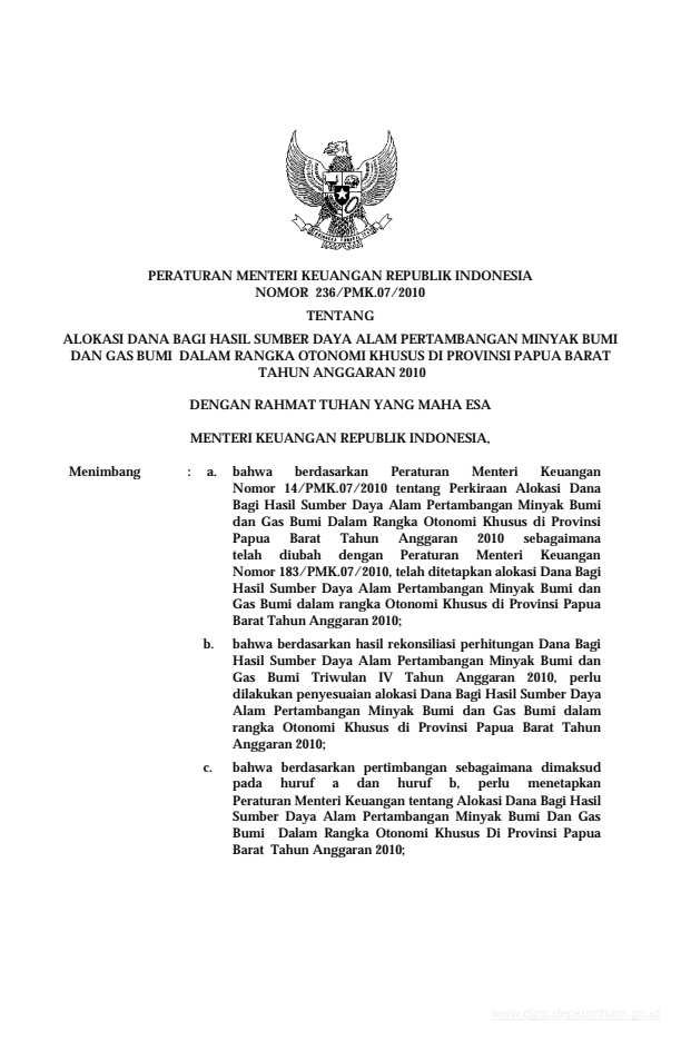 Peraturan Menteri Keuangan Nomor 236/PMK.07/2010