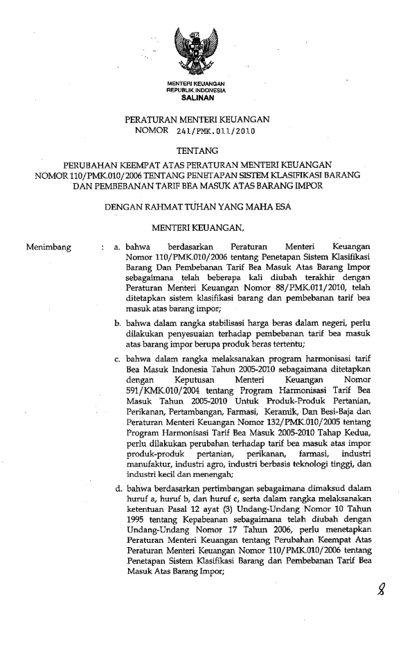 Peraturan Menteri Keuangan Nomor 241/PMK.011/2010