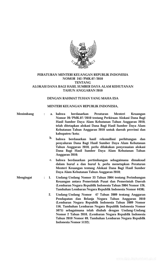 Peraturan Menteri Keuangan Nomor 242/PMK.07/2010