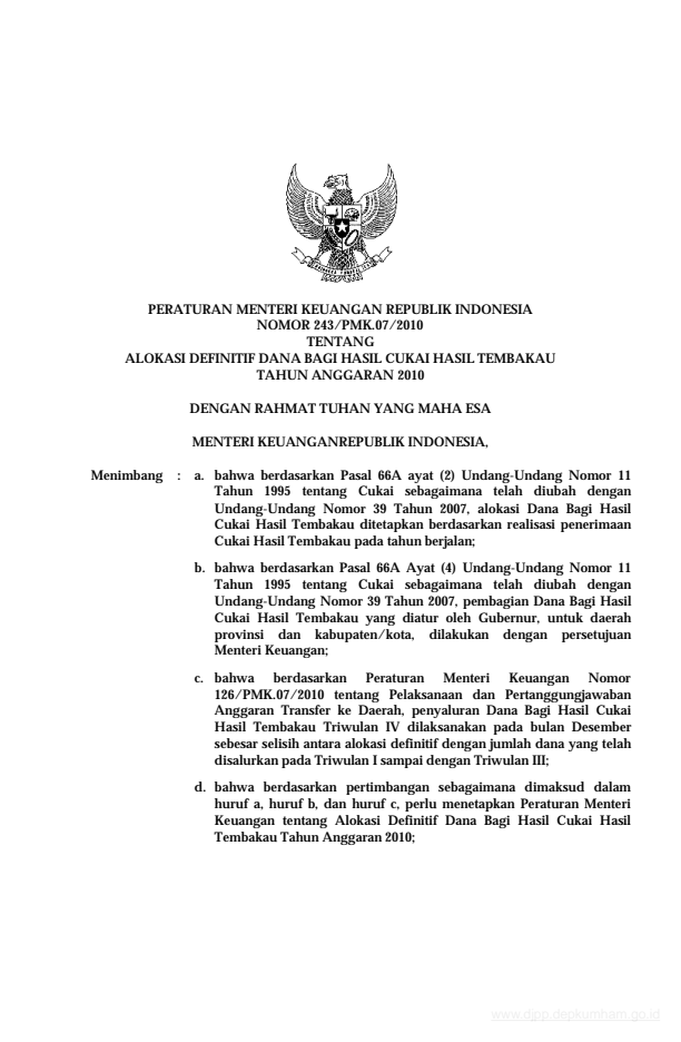 Peraturan Menteri Keuangan Nomor 243/PMK.07/2010