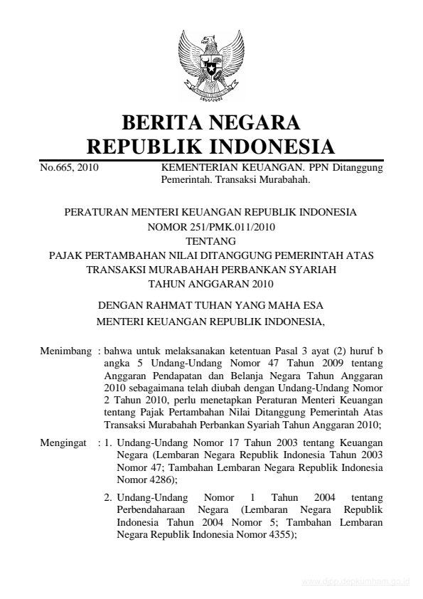 Peraturan Menteri Keuangan Nomor 251/PMK.011/2010