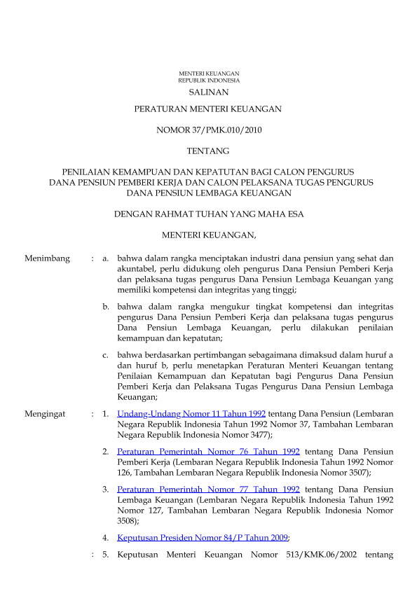 Peraturan Menteri Keuangan Nomor 37/PMK.010/2010
