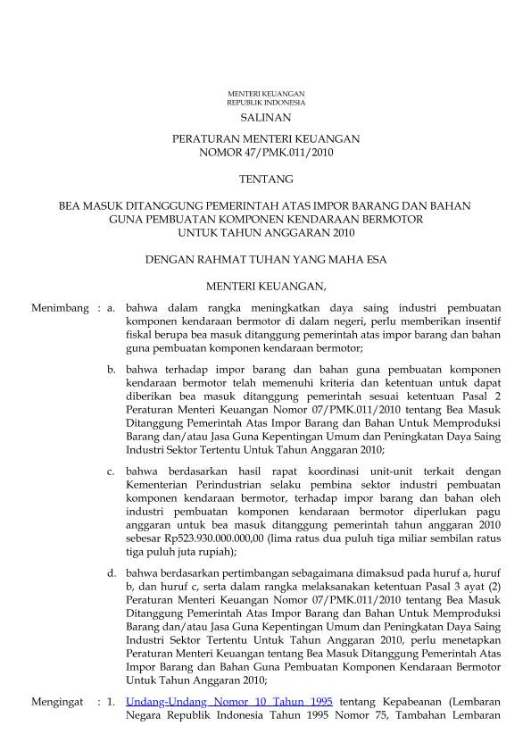 Peraturan Menteri Keuangan Nomor 47/PMK.011/2010