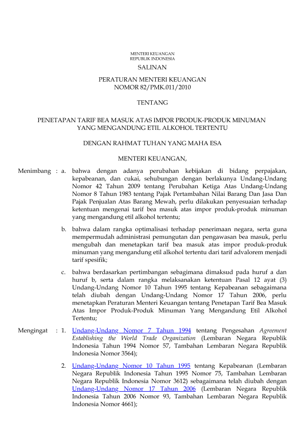 Peraturan Menteri Keuangan Nomor 82/PMK.011/2010