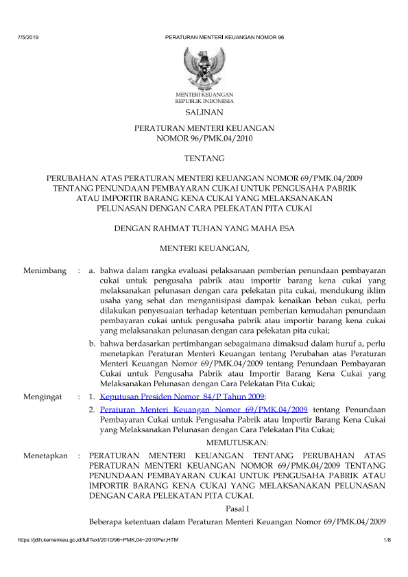 Peraturan Menteri Keuangan Nomor 96/PMK.04/2010