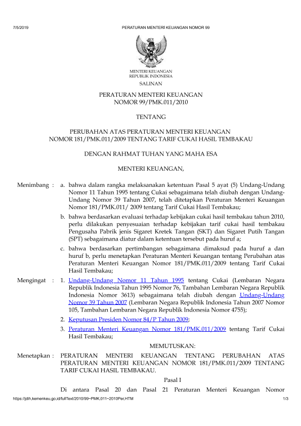 Peraturan Menteri Keuangan Nomor 99/PMK.011/2010