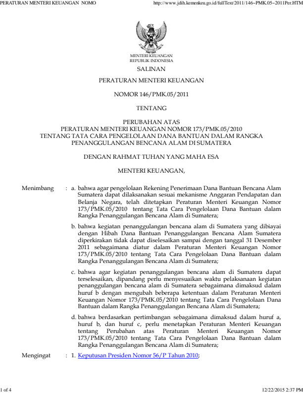 Peraturan Menteri Keuangan Nomor 146/PMK.05/2011