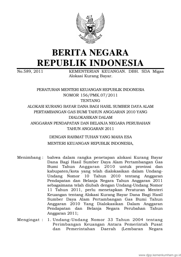 Peraturan Menteri Keuangan Nomor 156/PMK.07/2011