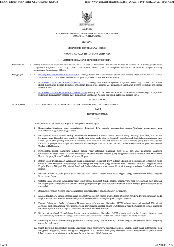 Peraturan Menteri Keuangan Nomor 191/PMK.05/2011