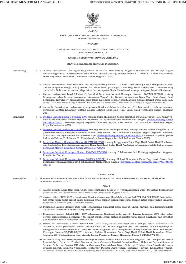 Peraturan Menteri Keuangan Nomor 195/PMK.07/2011