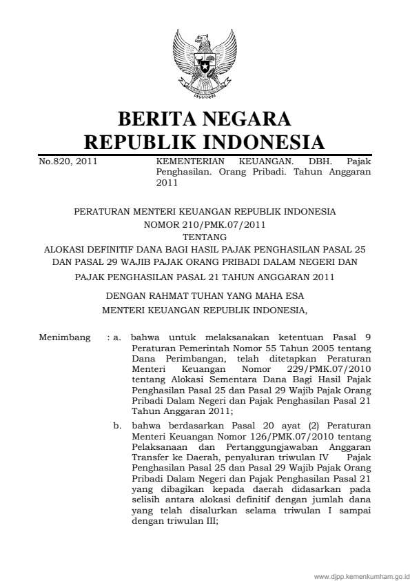 Peraturan Menteri Keuangan Nomor 210/PMK.07/2011