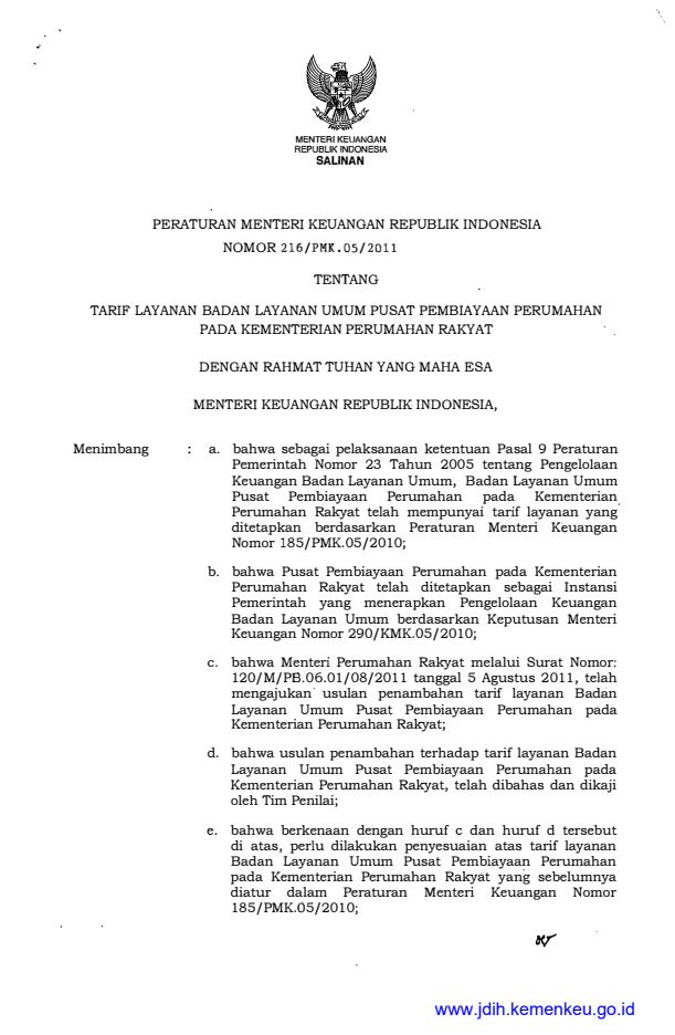 Peraturan Menteri Keuangan Nomor 216/PMK.05/2011