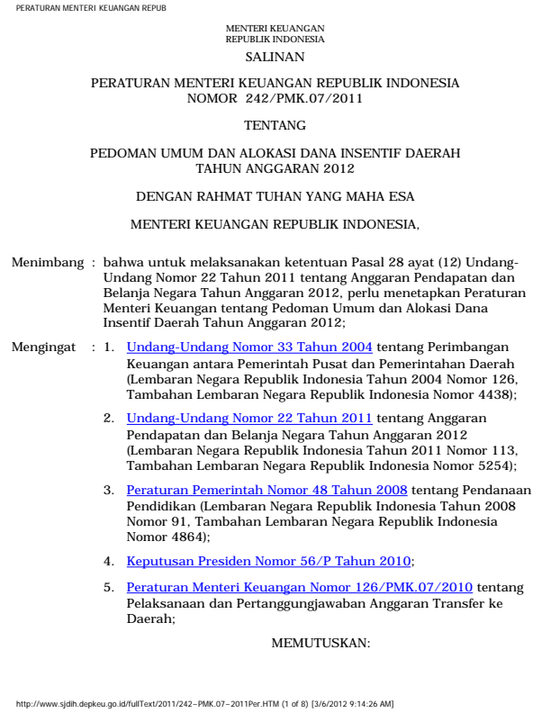 Peraturan Menteri Keuangan Nomor 242/PMK.07/2011