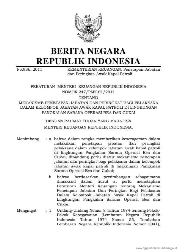 Peraturan Menteri Keuangan Nomor 247/PMK.01/2011