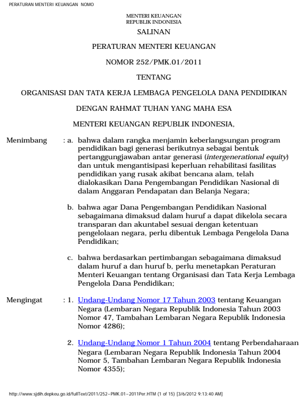 Peraturan Menteri Keuangan Nomor 252/PMK.01/2011