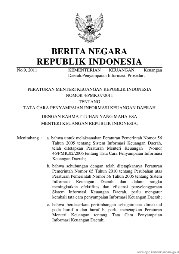 Peraturan Menteri Keuangan Nomor 04/PMK.07/2011