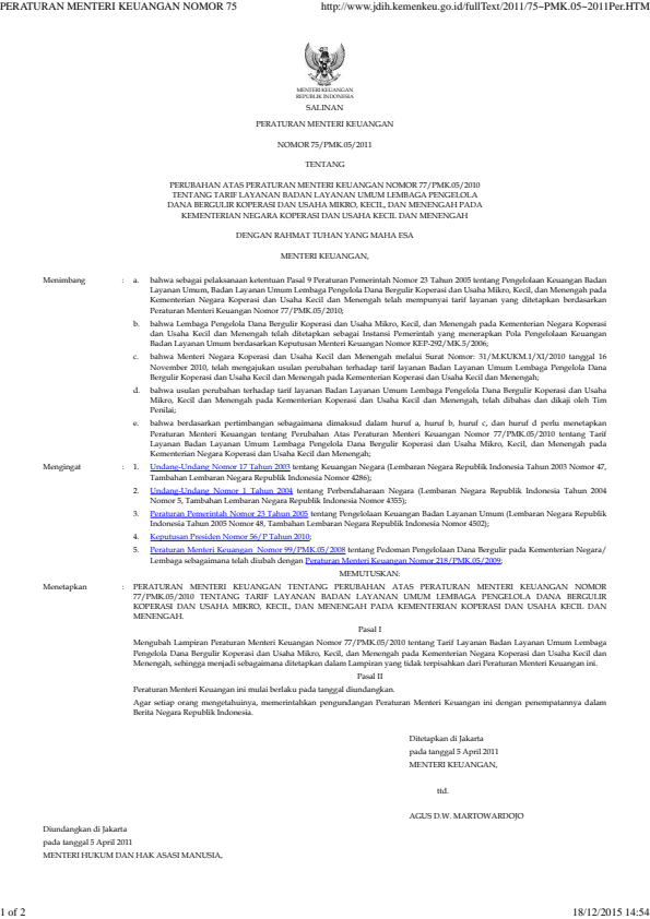 Peraturan Menteri Keuangan Nomor 75/PMK.05/2011