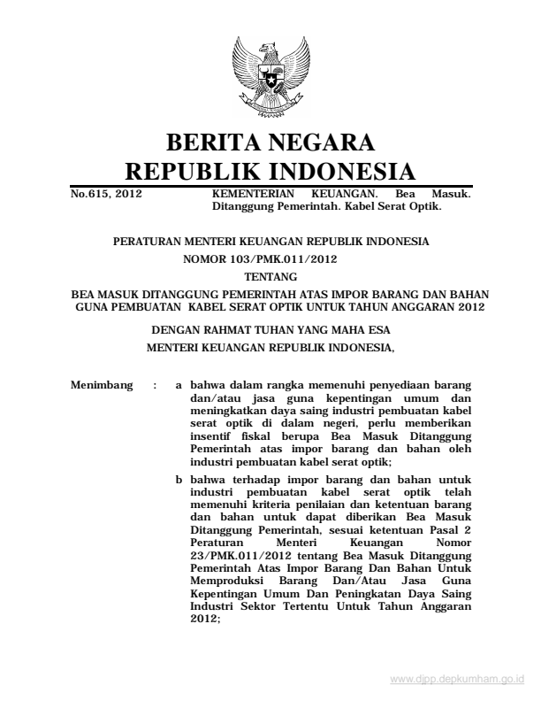 Peraturan Menteri Keuangan Nomor 103/PMK.011/2012