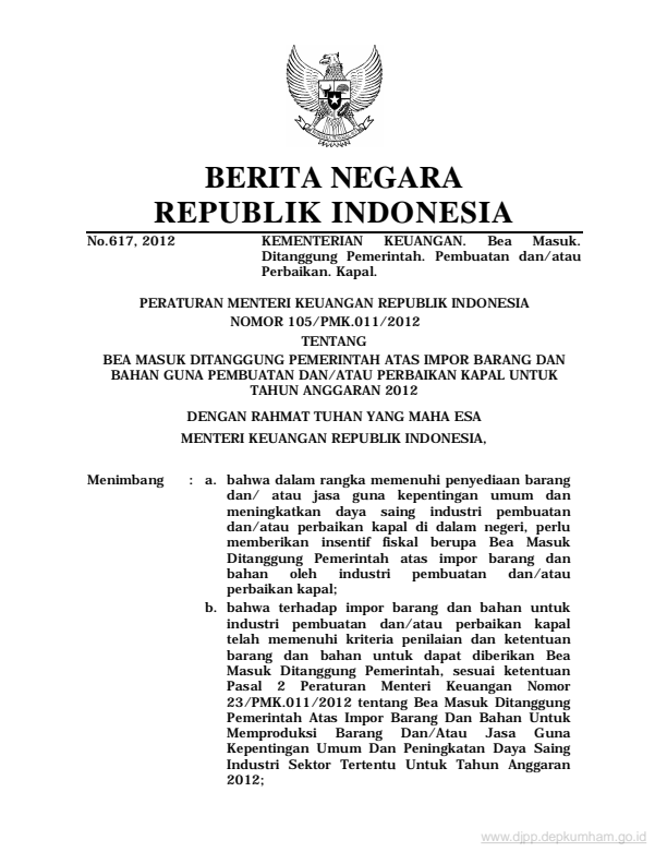Peraturan Menteri Keuangan Nomor 105/PMK.011/2012