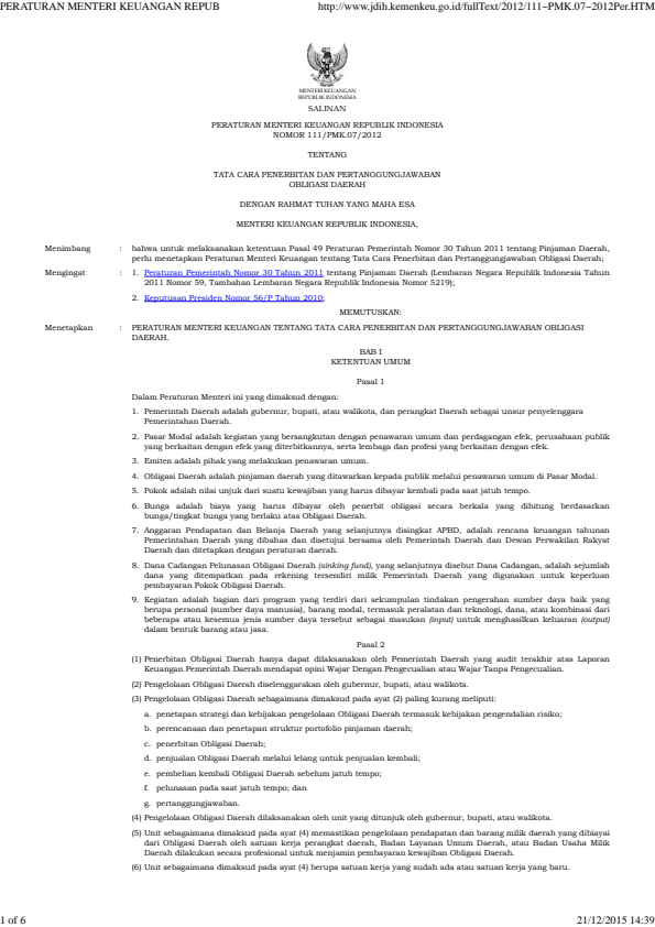 Peraturan Menteri Keuangan Nomor 111/PMK.07/2012