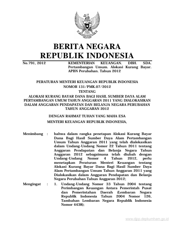 Peraturan Menteri Keuangan Nomor 131/PMK.07/2012