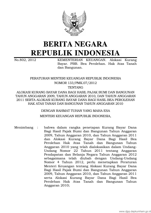 Peraturan Menteri Keuangan Nomor 133/PMK.07/2012