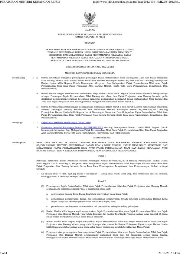 Peraturan Menteri Keuangan Nomor 136/PMK.03/2012