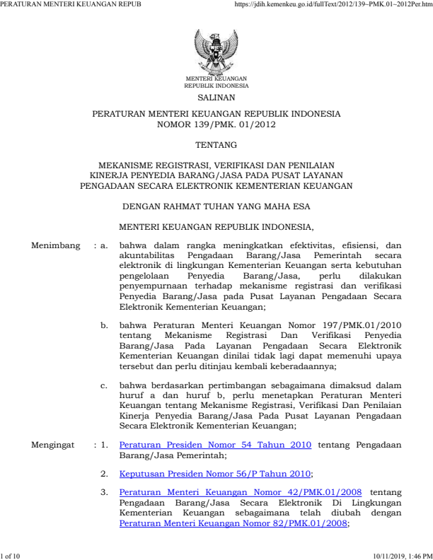 Peraturan Menteri Keuangan Nomor 139/PMK.01/2012