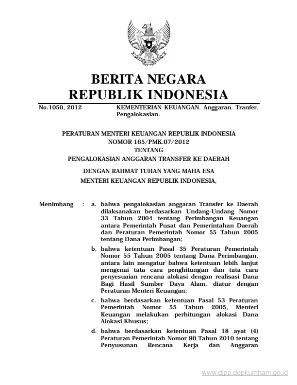Peraturan Menteri Keuangan Nomor 165/PMK.07/2012